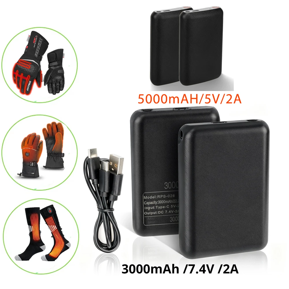 

3000-5000mAh Power Bank. Heating Socks And Gloves Can Be Used. There Are 7.4V Power And 5V Power Available