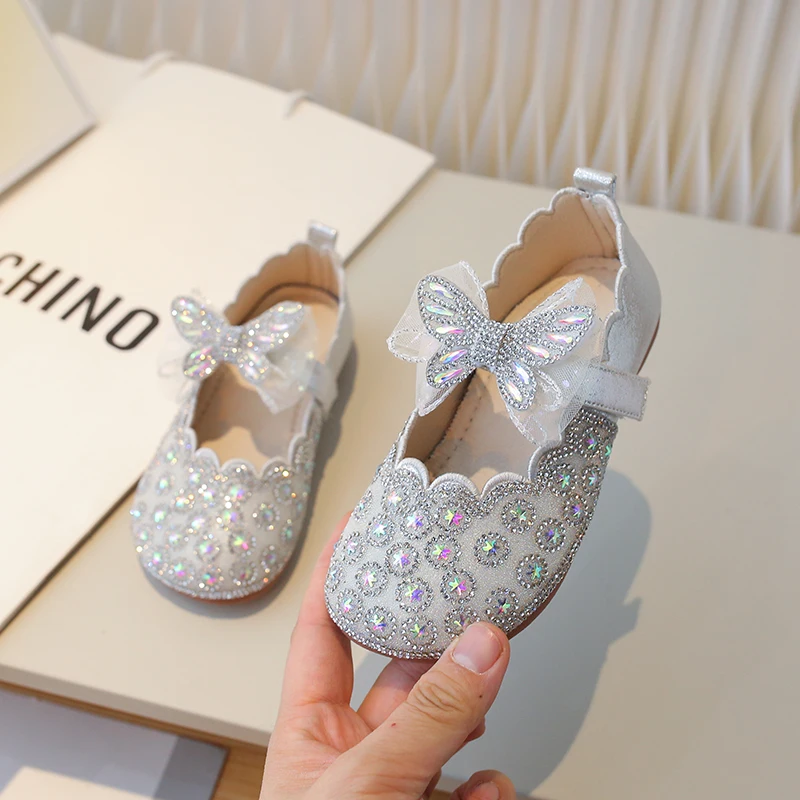 Autumn Fashion Pearl Bow Rhinestone childrens flats Little Girl Shoes Flat Heels Kids Princess Shoes