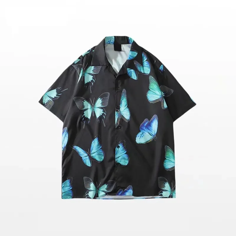 Vintage Floral Shirt for Men Casual Summer Japanese Hawaiian Fashion Handsome High Street Individual Camisas Butterfly