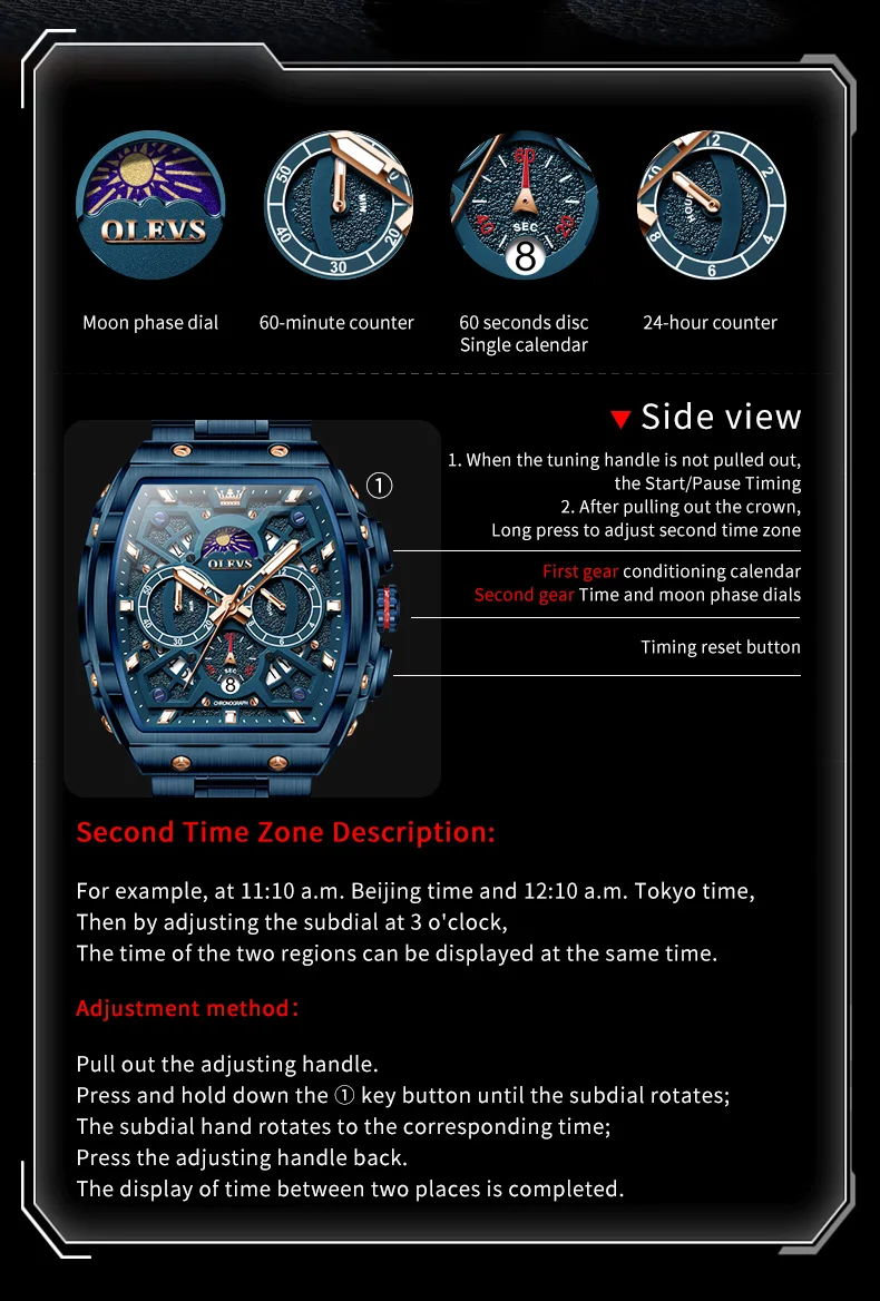 OLEVS Men's Watches Stainless Steel Tonneau Dial Moon Phase Waterproof Chronograph Wristwatch Original Quartz Watch for Men 2942 view 6
