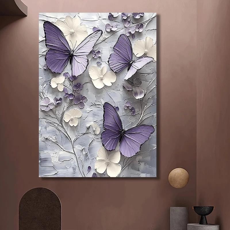 قطعة واحدة من قماش الأزهار على شكل فراشة مؤطرة ثنائية الأبعاد |   مزرعة ريفية (رمادي/أرجواني-أبيض) |   الزفاف/دش الزفاف/ديكور المنزل