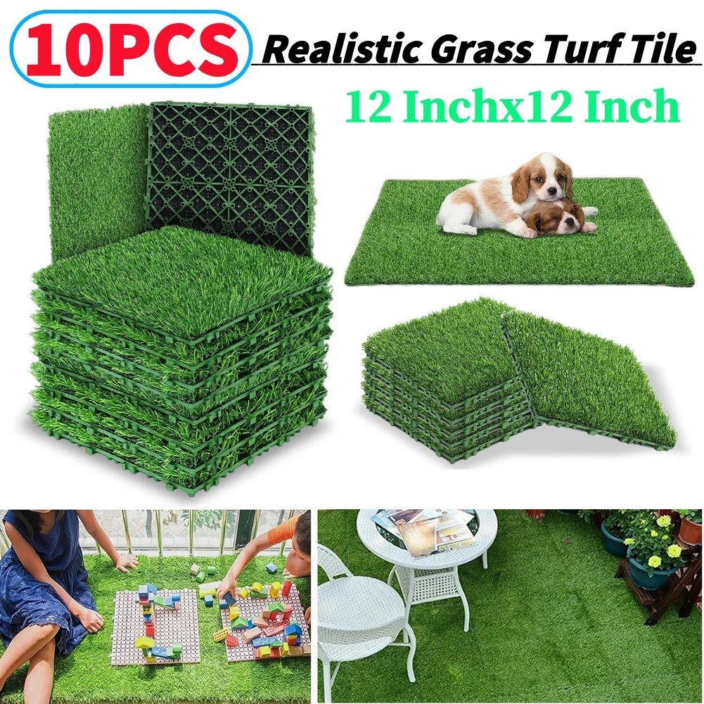 

10Pcs Realistic Grass Turf Tile Green Interlocking Fake Grass Deck Turf Tiles Grass Flooring for Indoor Outdoor 12Inch x 12Inch