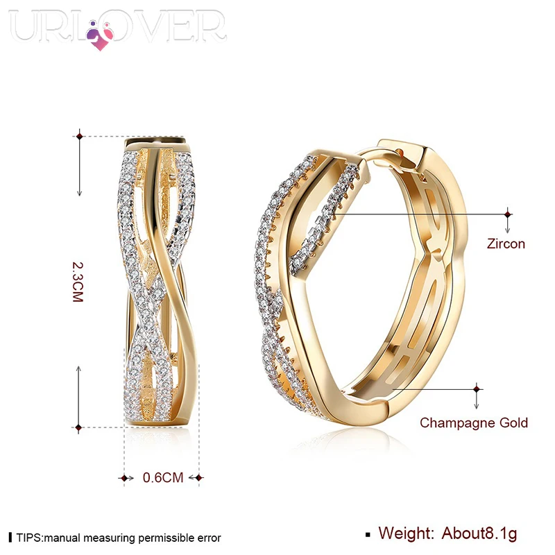 URLOVER 925 Sterling Silver Earring For Woman Geometry AAA Zircon Gold Clip Earrings Fashion Party Wedding Jewelry Birthday Gift