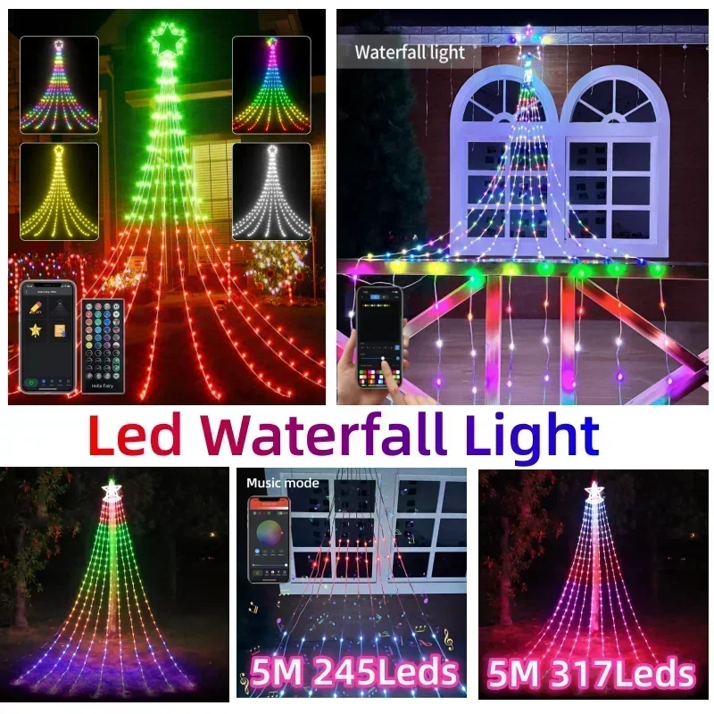 5M X9pcs DIY Waterfall Star Topper Led Christmas Tree String Light RGB IC Smart APP Control Outdoor Waterfall Fairy Light String