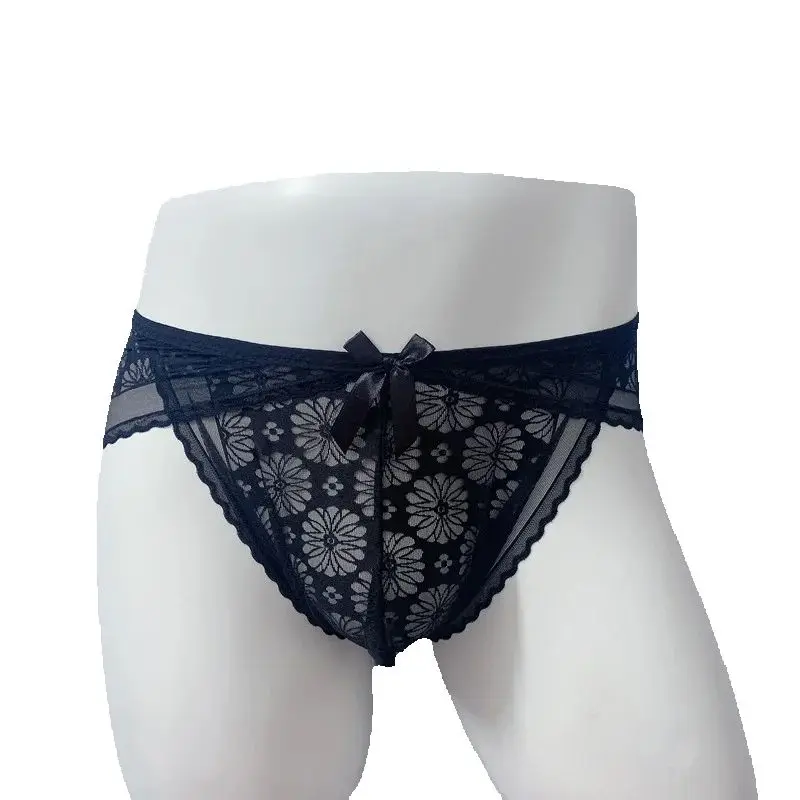 Mens Panties Ultrathin Lace Seamless Sissy Briefs Transparent U Convex Underwear See Through Lingerie Low Rise Erotic T-Back