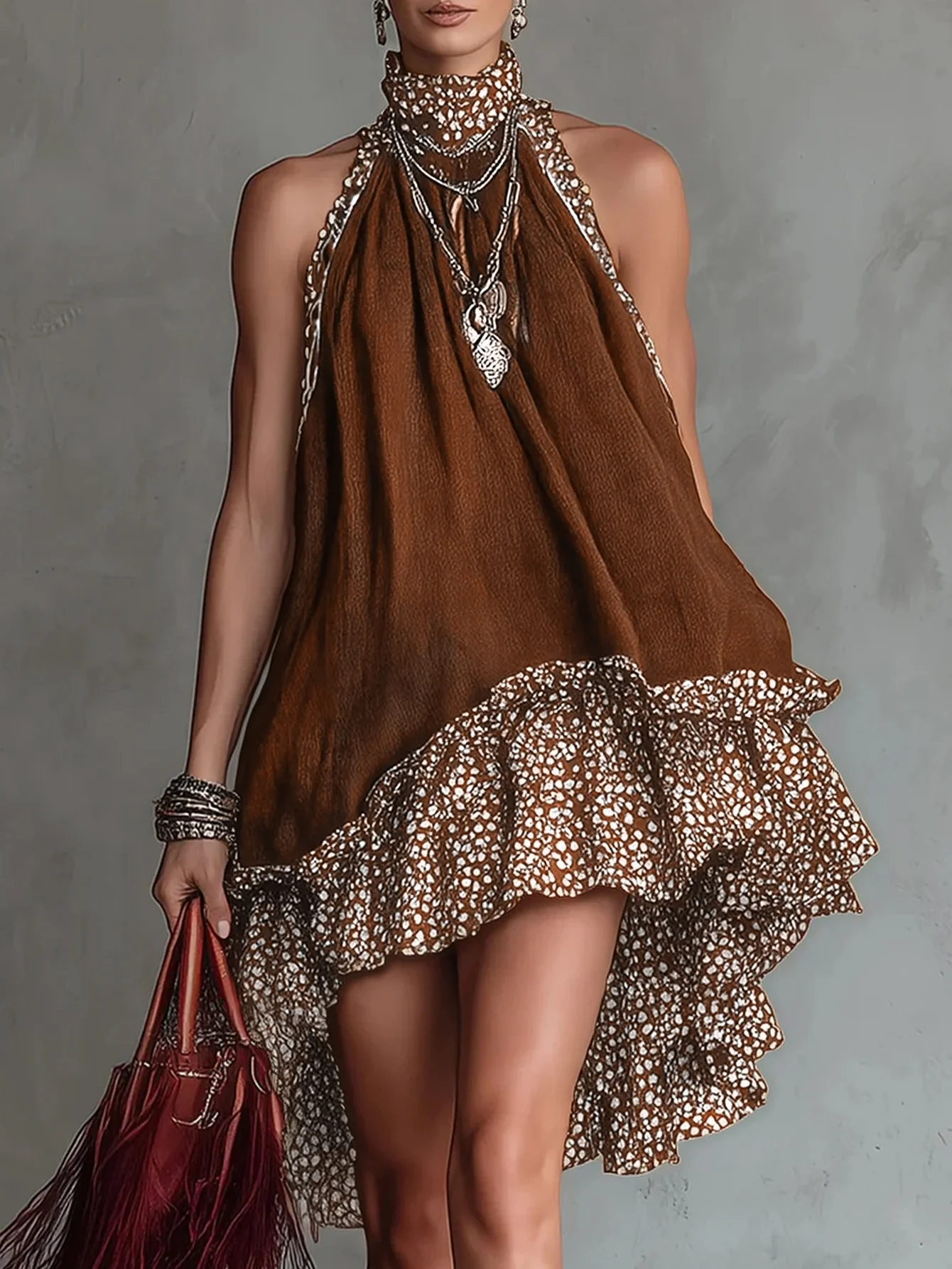 

Halter Collar Ruffle Mini Dress for Women Elegant Off Shoulder Polka Dot Asymmetrical Hem Sleeveless Loose Beach Holiday Dresses