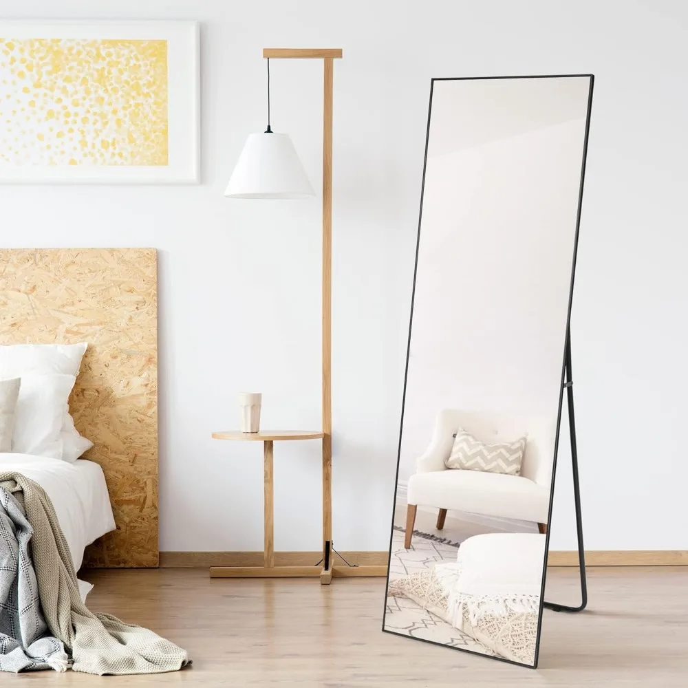 Espejo de cuerpo grande con soporte para colgar o apoyarse en la pared, espejo de pared de aleación de aluminio, 63 "x 20"