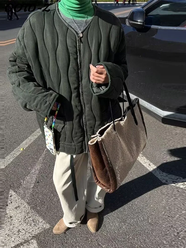 Casual Solid Cotton-padded Coat Women O-neck Zipper Wavy-striped Drawstring Long Sleeve Coat Female  Autumn Winter Lady Outwear