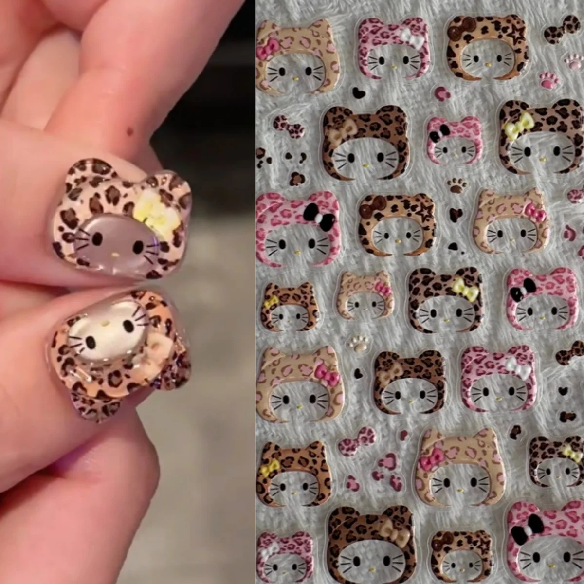1/2/3 pièces mignon imprimé léopard Hello Kitty chapeau Nail Art autocollant 5D écharpe arc ongles décalcomanies pouces Kitty automne hiver accessoire pour ongles