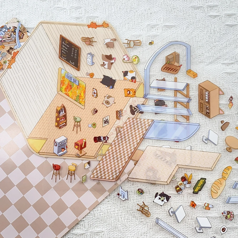 Cartoon Cat Cafe Miniature Scene 3D Landscaping Stickers DIY Scene Stacking and Pasting Hand Account Students Creative Gifts