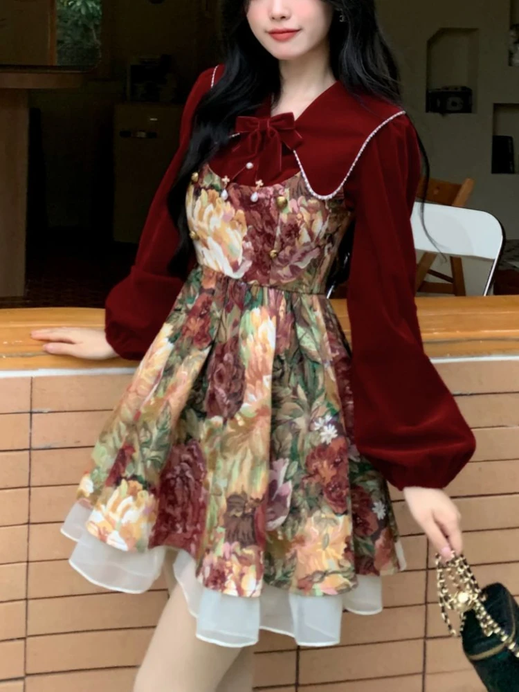 Fairy Sweet 2 Piece Dress Set Woman New Red Bow Tops + Printing Floral Dress Female Korean Fashion Y2k Elegant Party Suit 2024