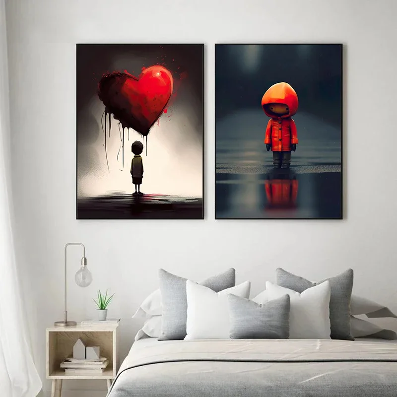 Pintura en lienzo, Graffiti artístico, corazón roto, chica, globos rojos, póster e impresión, pared abstracta moderna para decoración del hogar, imagen