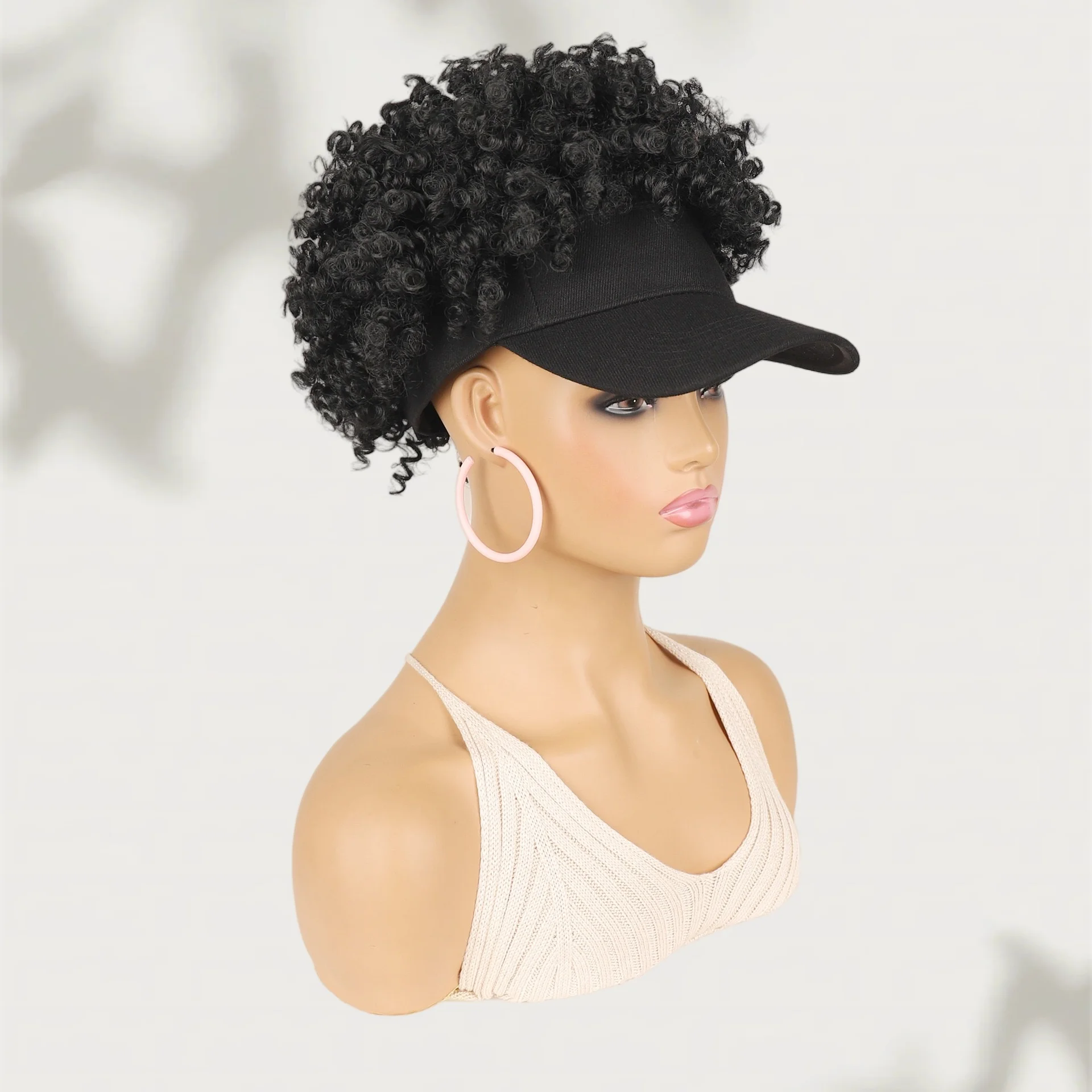 Women's Hat Wig with Afro Kinky Curly Synthetic Hair, Short Spring Curl Wig Hat for African American Daily Wear