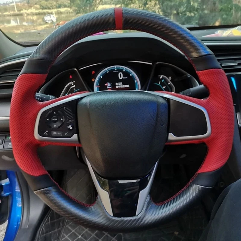 Car Steering Wheel Cover Non-slip Black Carbon Fiber Genuine Leather For Honda Civic 2016-2019 CR-V 2017-2019 Clarity 2016-2018