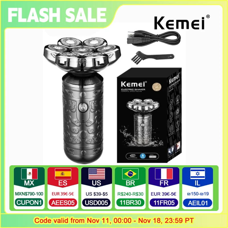 Kemei 7 blade professional beard hair electric shaver for men rechargeable head electric razor bald shaving machine metal shell