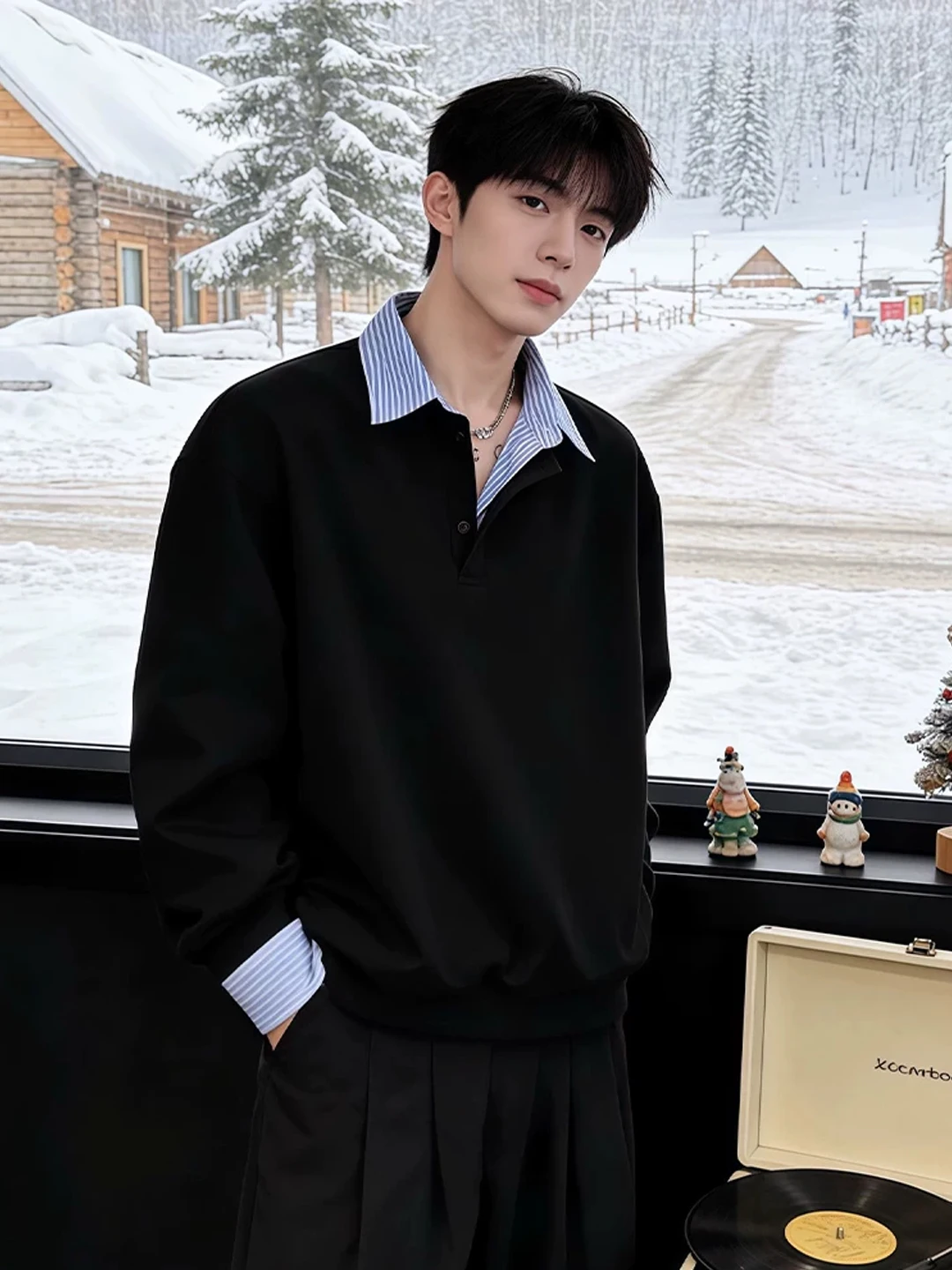 Men's Winter Long Sleeve Fleece Lined Hoodie Shirt Collar Fake Two-Piece T-Shirt Korean High-End Feeling Inner Wear Base Shirt
