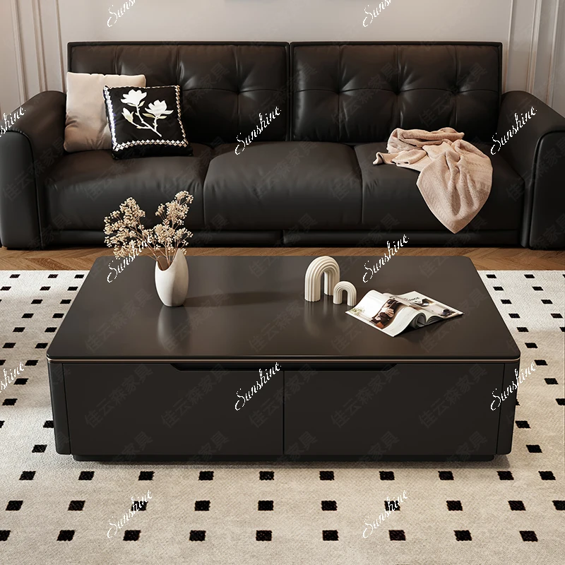 Light luxury solid wood rock slab coffee table black rectangle modern simple home high-end sense