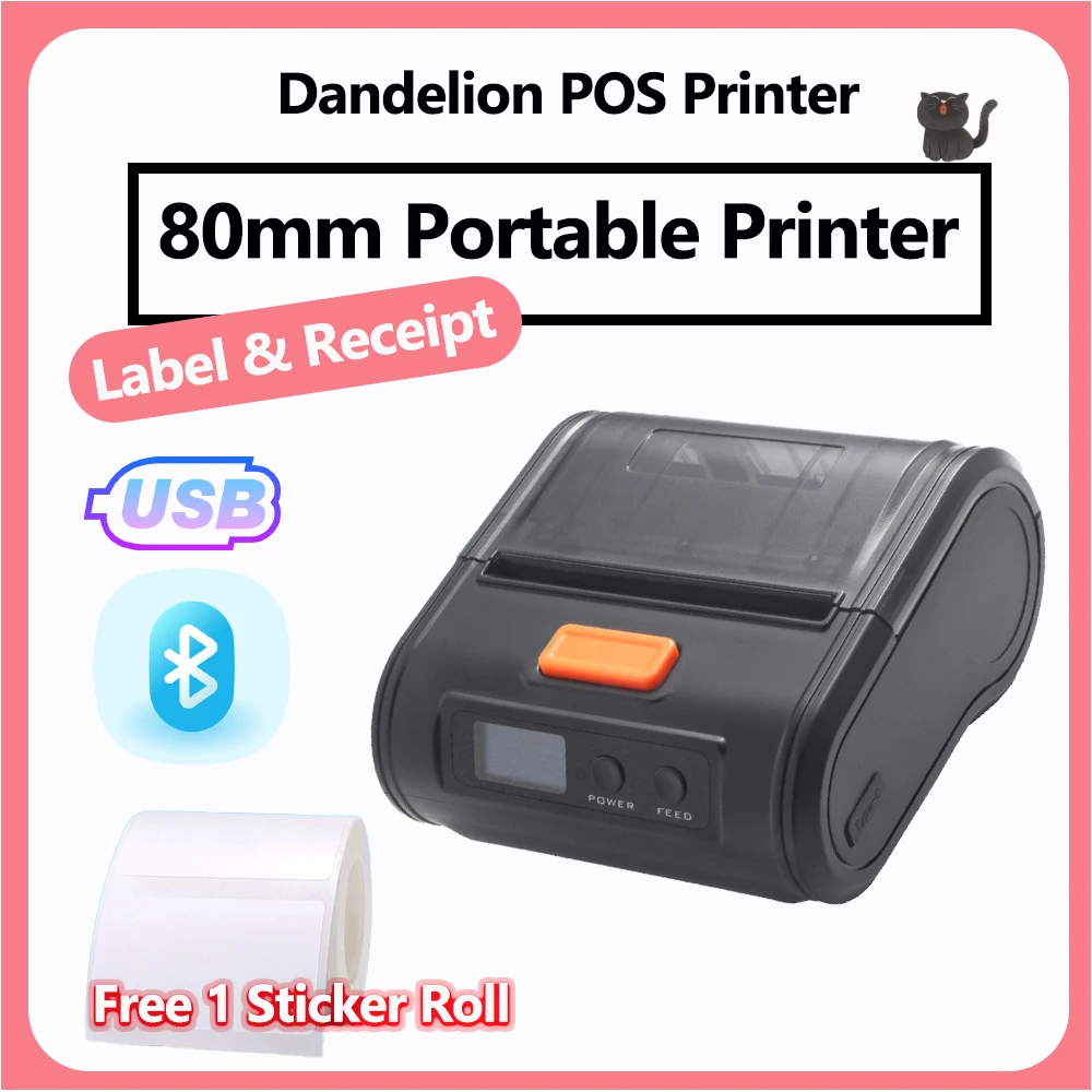 

Портативный термопринтер 80 мм с поддержкой чеков и этикеток ESC/POS TSPL Command Мини-принтер этикеток Bluetooth
