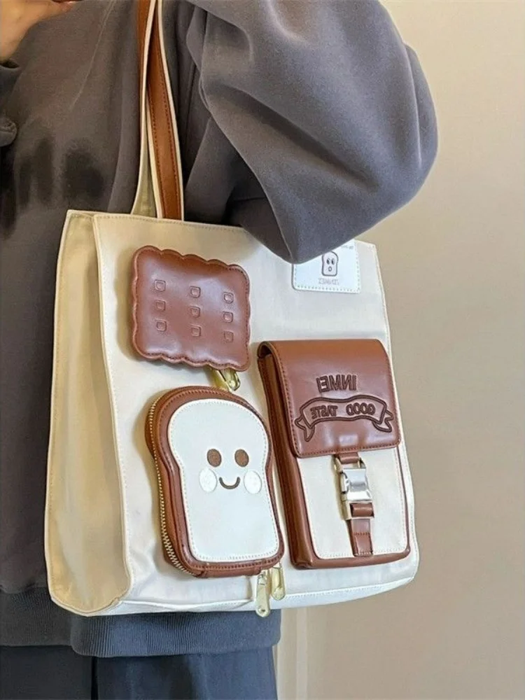 Cartoon Toast Cookie Pocket Big Capacity Women Fashion Underarm Bag Streetwear Shoulder Handbags Tote Bags