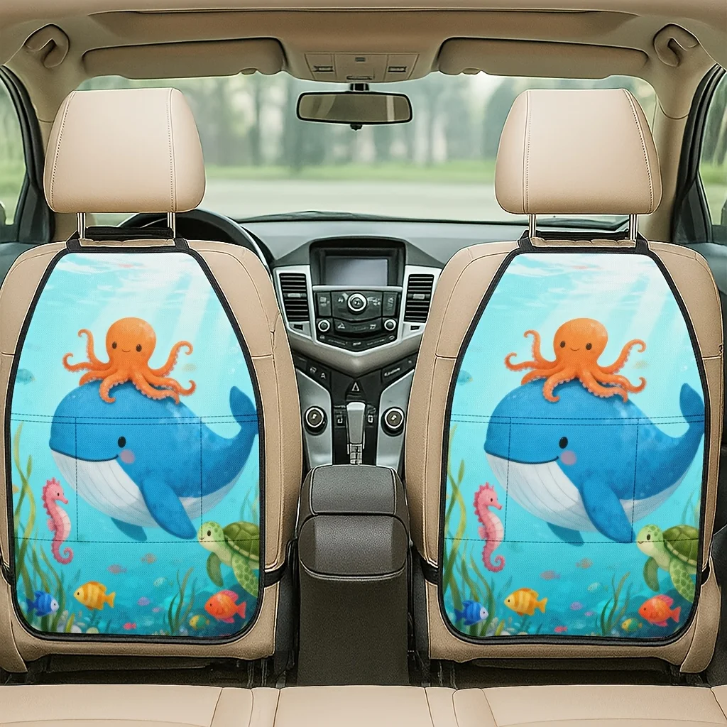 2pcs 2D Printed Car Seat Back Protector - Undersea World Whale And Octopus Swimming Together Themed Pattern Printed Car Seat Bac
