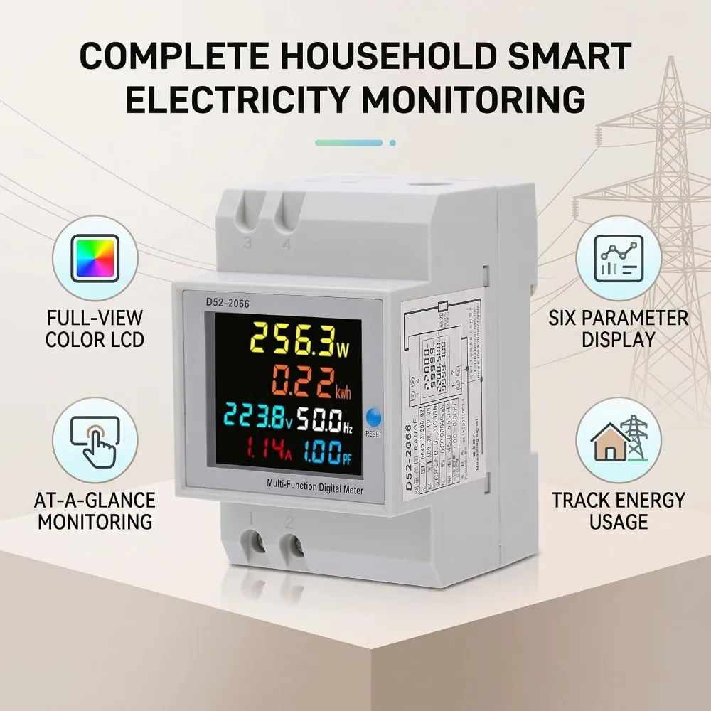 ABS Shell Digital DIN Rail AC Power Meter 6 in 1 Monitoring Color LCD Display Single Phase Energy Meter for D52-2066