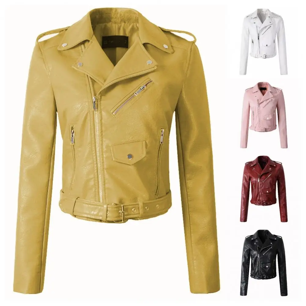 2025 Women's Turn-lapel Pu Faux Leather Jacket Coat Outside Spring And Autumn Street Trendy Personality Motorcycle Punk Coat  ﻿