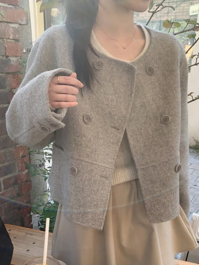 Ele ort Woolen Coat Chic Retro round Ne Double Button Women's Faion Outerwear Commute Sle Long Sve  Color