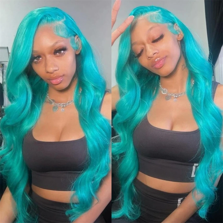 Teal Blue Human Hair Wig Colored Body Wave Lace Front Wig Pre Plucked 13x6 Hd Lace Frontal Wig Remy 220% Density Mint Green Wig image 4