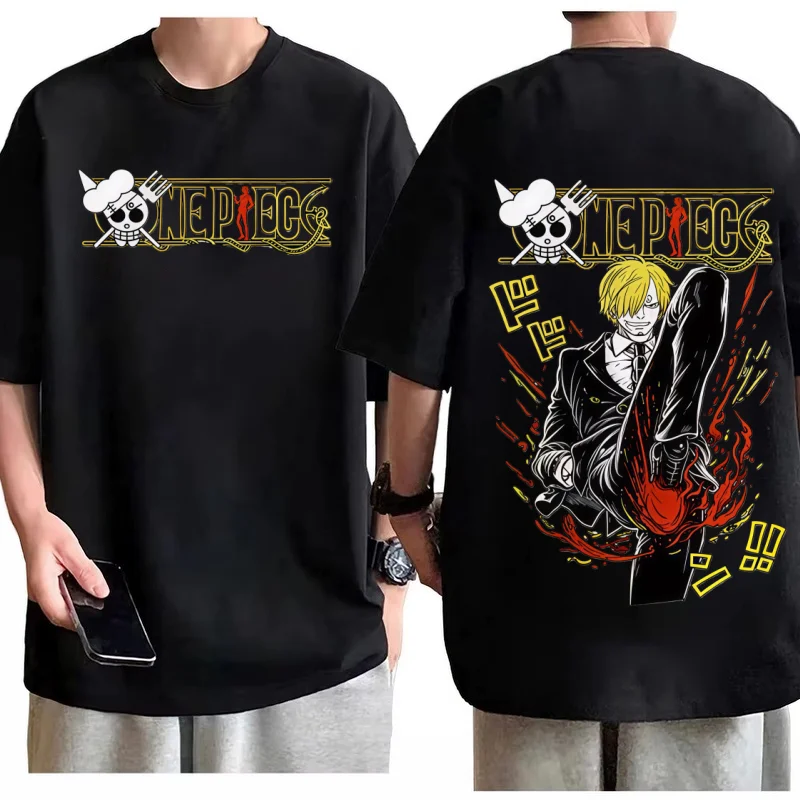 2026 원피스 상디 킥 티셔츠 남성용 100% 코튼 애니메이션 그래픽 티셔츠 레귤러 핏 반팔 캐주얼 스트리트웨어 탑
