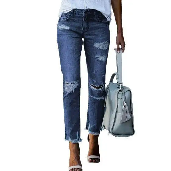 Women's Pure Color Denim Jeans Hole Design High Waist Straight Leg Stretchy Versatile Trousers Autumn Long Pants Seven Sleeve view 5