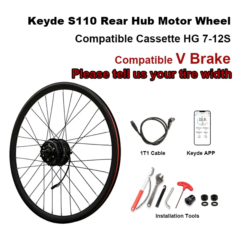 Keyde E-Bike-Systeme S110 Hinterradnabenmotor 20 Zoll 26 Zoll 700C Elektrofahrrad-Umrüstsatz Drahtloses Steuerungsfelgenset