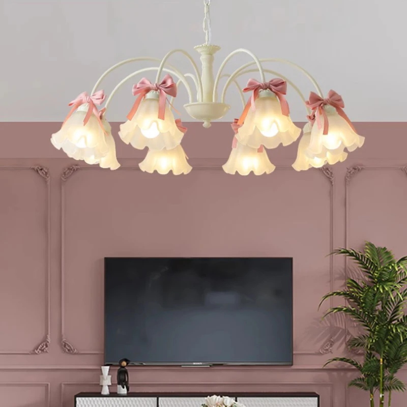 Lustres de chambre de princesse douce, lampes en verre à nœud rose, salon romantique moderne, décor de chambre d\'enfant, lustre chaud pour fille