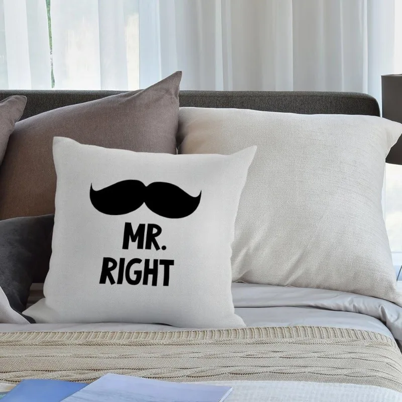 Funny 'Mr. Right' Mustache Linen Pillow Cover, Stylish Decorative Cushion for Home Décor and Unique Gift Idea