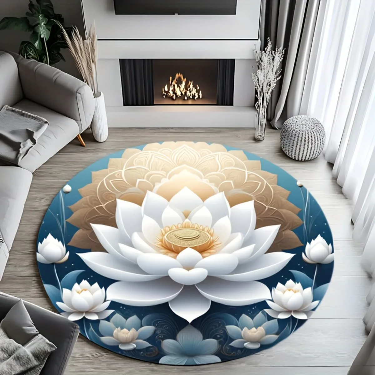Elegant Grey Glitter Flower Circular Area Rug  Sparkle Crystal Floral Print Anti Slip Round Doormat Modern Girls Room Home Rug