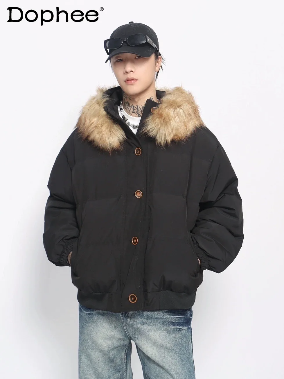 

Winter Thickened American Style Trendy Retro Fur Collar Hooded Puffer Jacket Cotton Coat Warm Loose Casual Couple Jacket Unisex