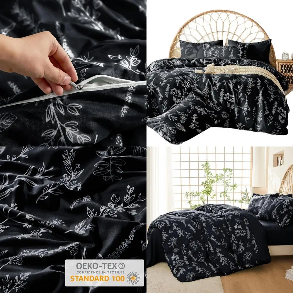 

Двусторонний черный пододеяльник King Size с цветочным принтом и застежкой-молнией, мягкое постельное белье из микрофибры из трех предметов (90x104, 2x20x36 наволочек)