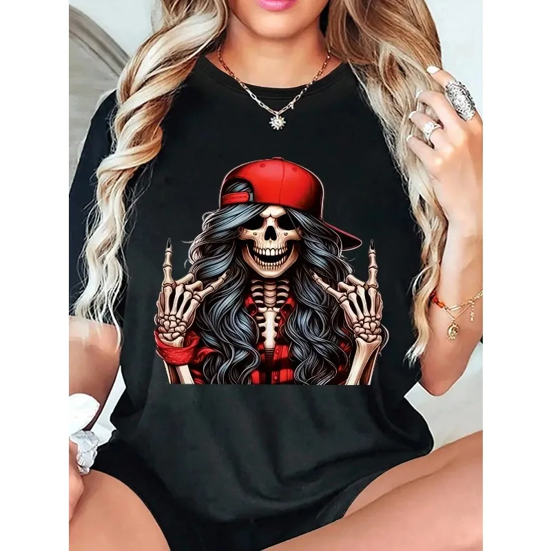 

Lunelith SHEIN Lunessa Хэллоуин футболка с принтом черепа, весенне-летний повседневный женский топ с короткими рукавами, Рождество