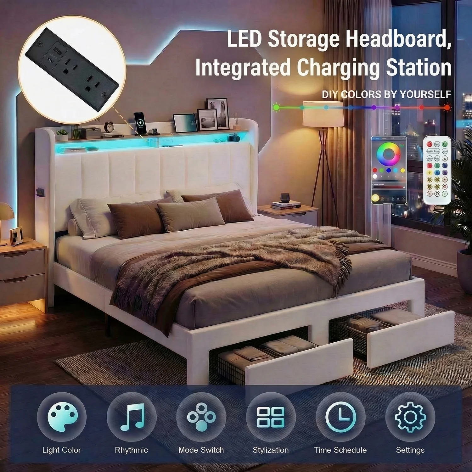 Base de Cama HOOMIC Tamaño Full/Queen/King, 2 Cajones de Almacenamiento/2 Estantes de Dos Niveles con Luces LED y Estación de Carga, No Requiere Somier