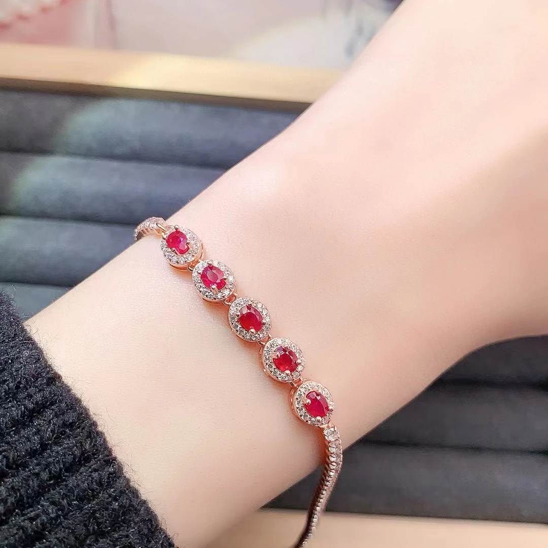 Genuine 925 Silver Ruby Bracelet 3mm*4mm Natural Ruby Bracelet with 3 Layers 18K Gold Plating Women Birthday Gift