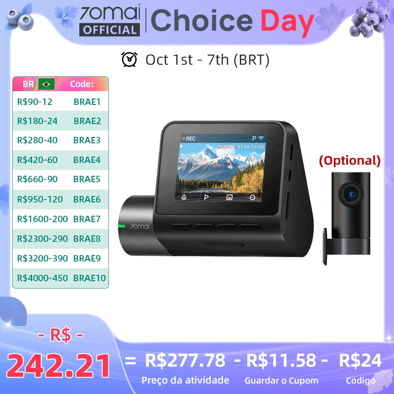 70mai-Car Dash Cam com gravação de canal duplo, A200, 1080P, HDR, tela IPS de 2