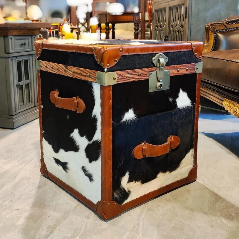 

Medieval style bedroom bedside table cow fur box cabinet high-end creative decorative cabinet shooting prop cabinet
