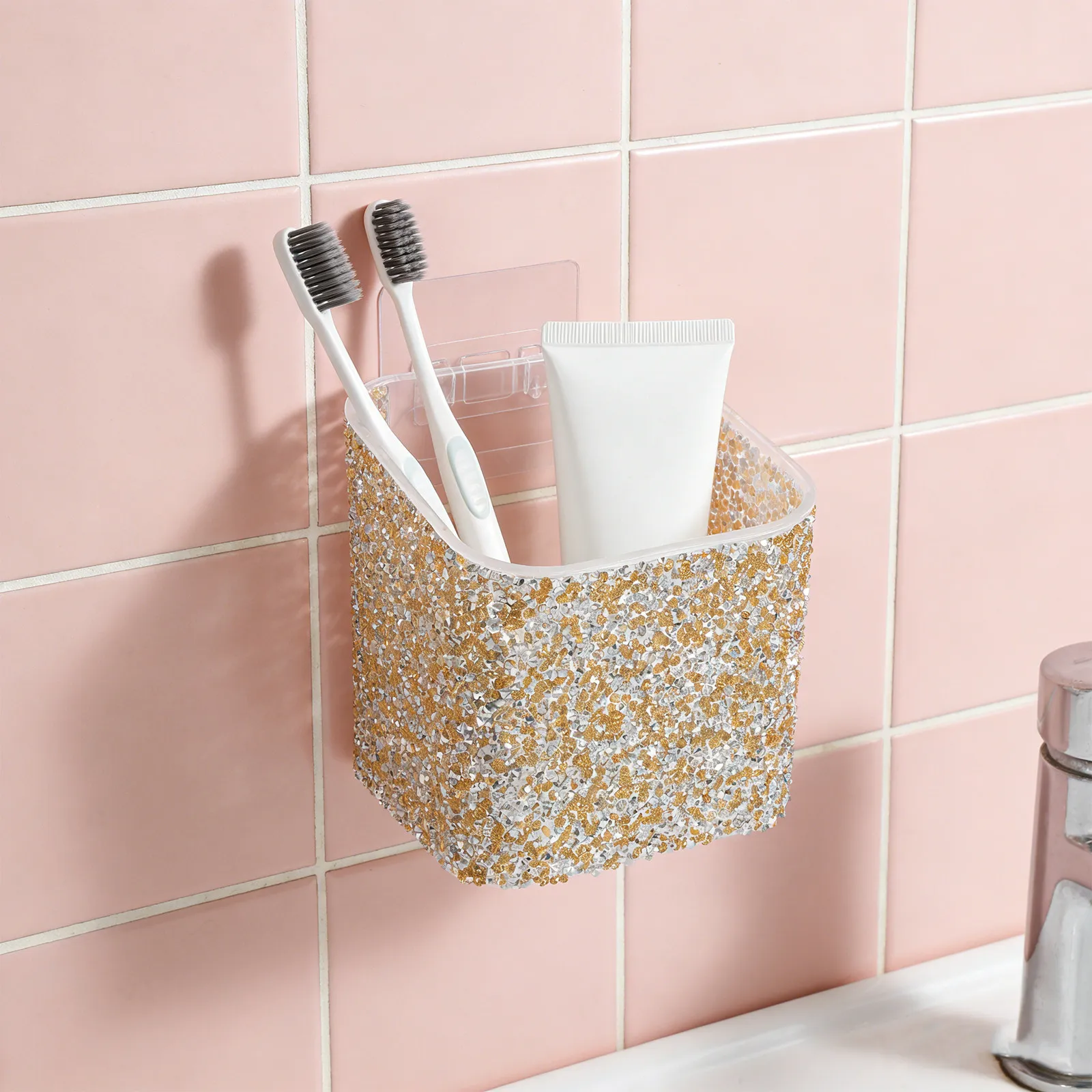Adhesive Wall Mounted Rhinestone Toothbrush Holder for Bathroom Shower Space Saving Glitter Crystal Organizer Waterproof Violet