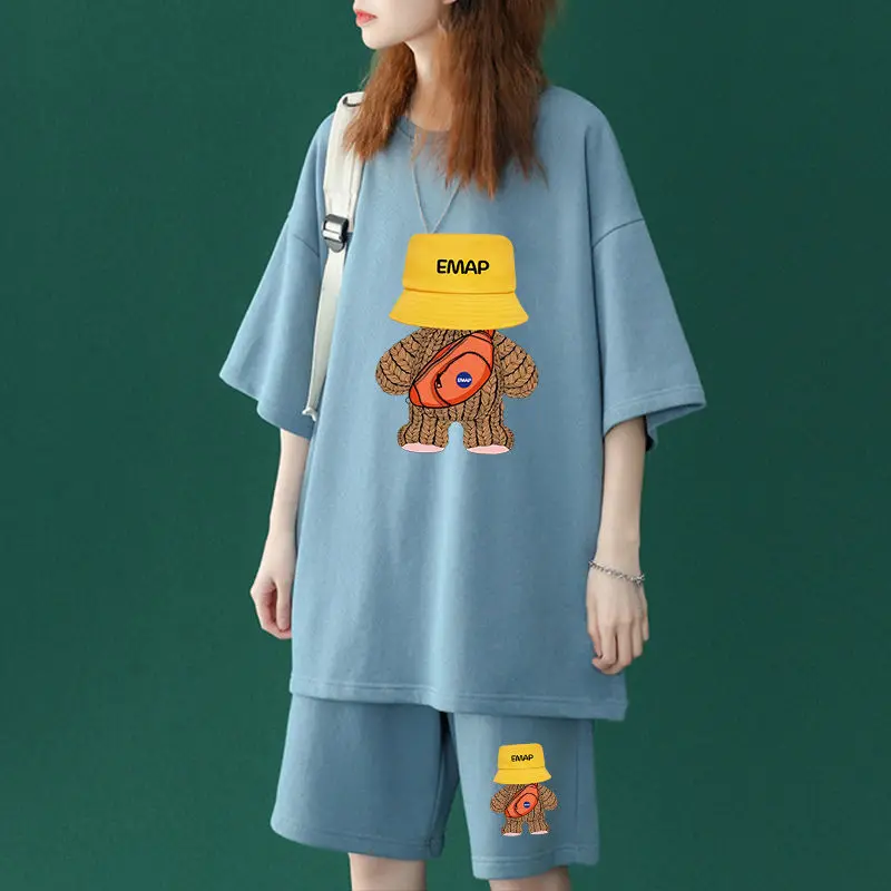 Kawaii Summer Women Oversized Two Piece Short Sets Korean Female Short Sleeve Tops Fashion Casual Cartoon Sports Casual Suits