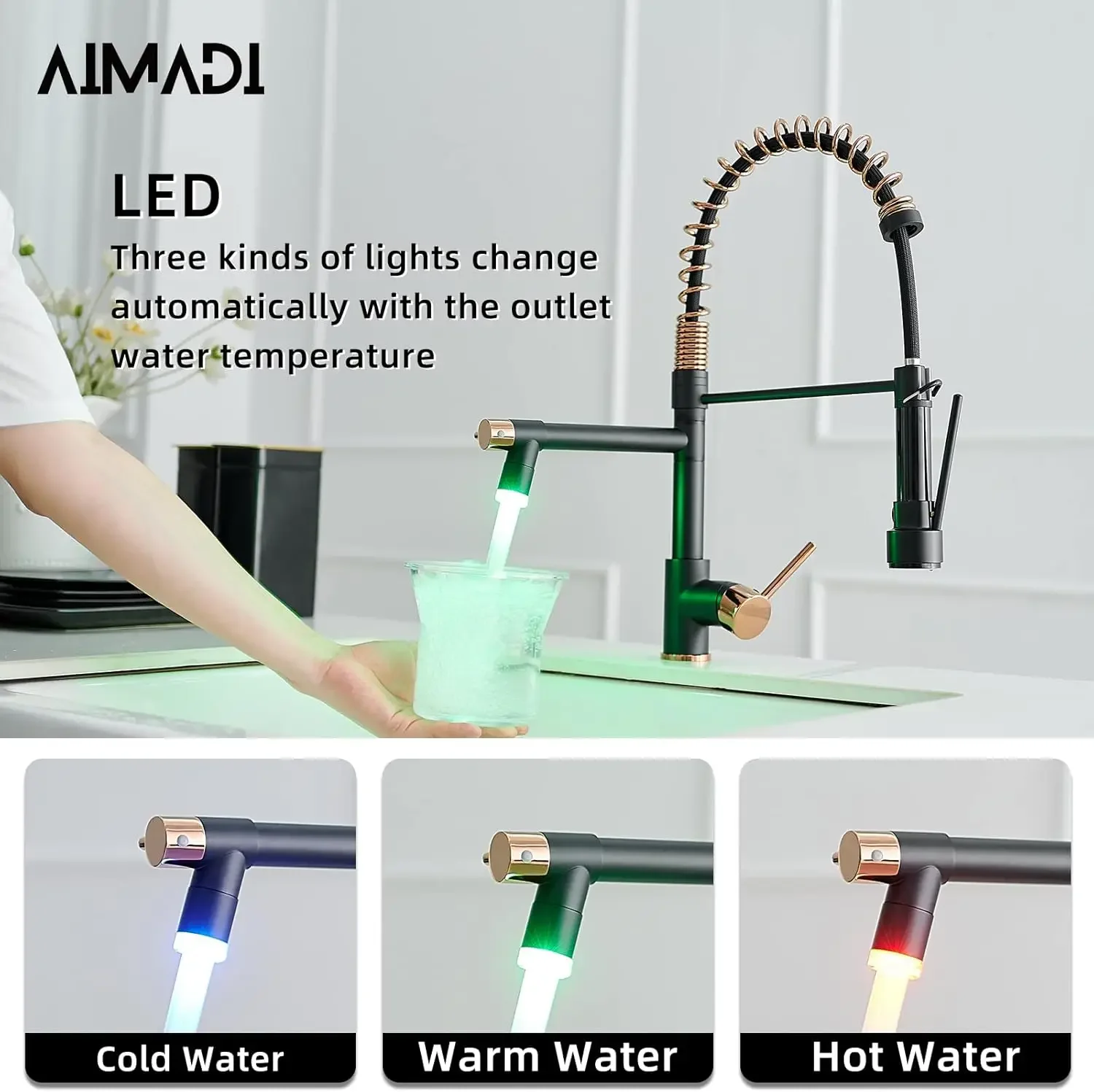 Matte Black Kitchen Faucet AIMADI - Commercial Kitchen Faucets Single Handle Single Hole Spring Rose Gold Kitchen Faucet with Pu