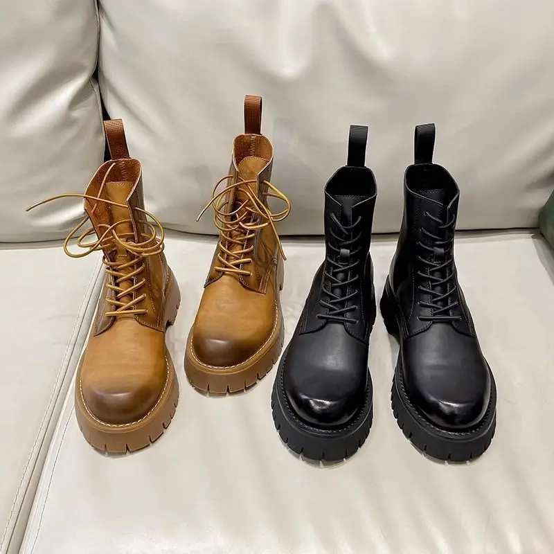 

Rhubarb British Men's Genuine Leather Winter Velvet Men's High-end Tooling Thick-soled High-top Chelsea Boots