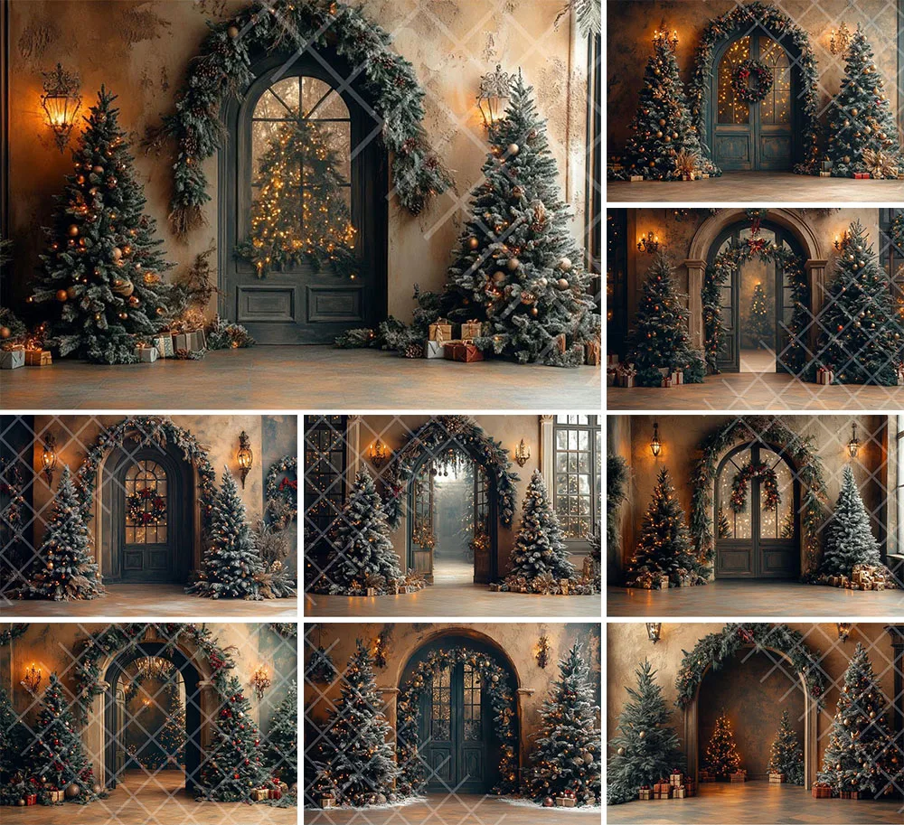 Mehofond Photography Background Vintage Christmas Arch Door Window Xmas Tree Kids Family Portrait Decor Backdrop Photo Studio