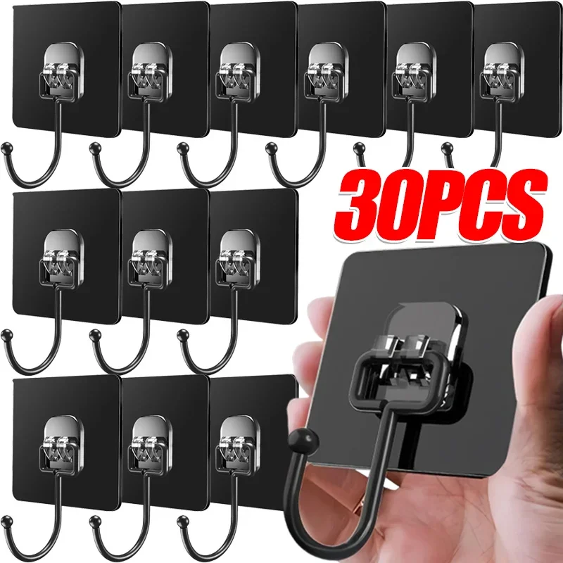 30-1pcs Strong Self Adhesive Hooks Punch-free Door Wall Hangers Multi-Purpose Kitchen Bathroom Towel Bags Storage Hanging Holder