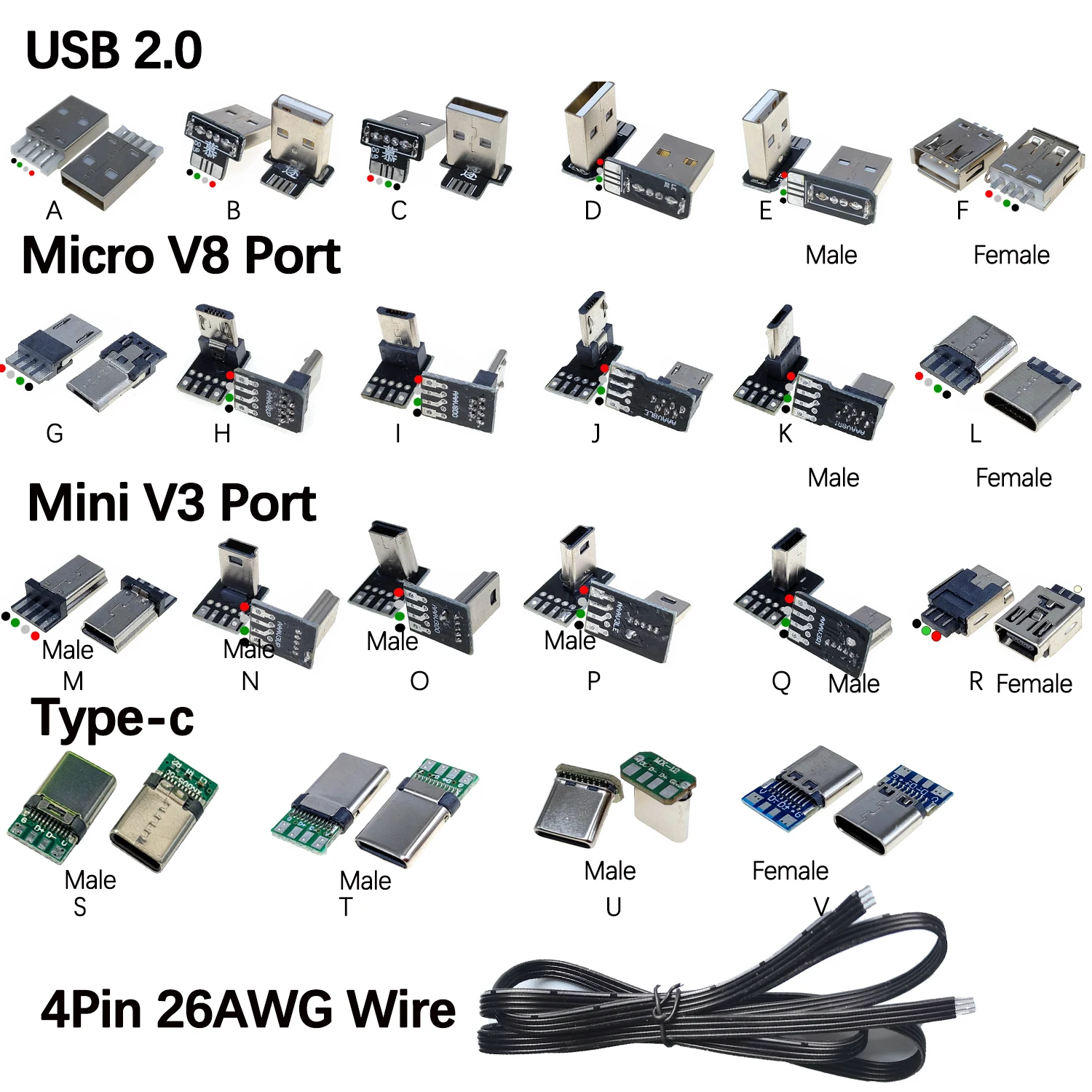 

4 Solder Point USB Connector USB2.0 Android Micro Mini Type-c Male Female Socket 4P 5P 7P 24P DIY USB With PCB 26AWG 4P Cable 1M