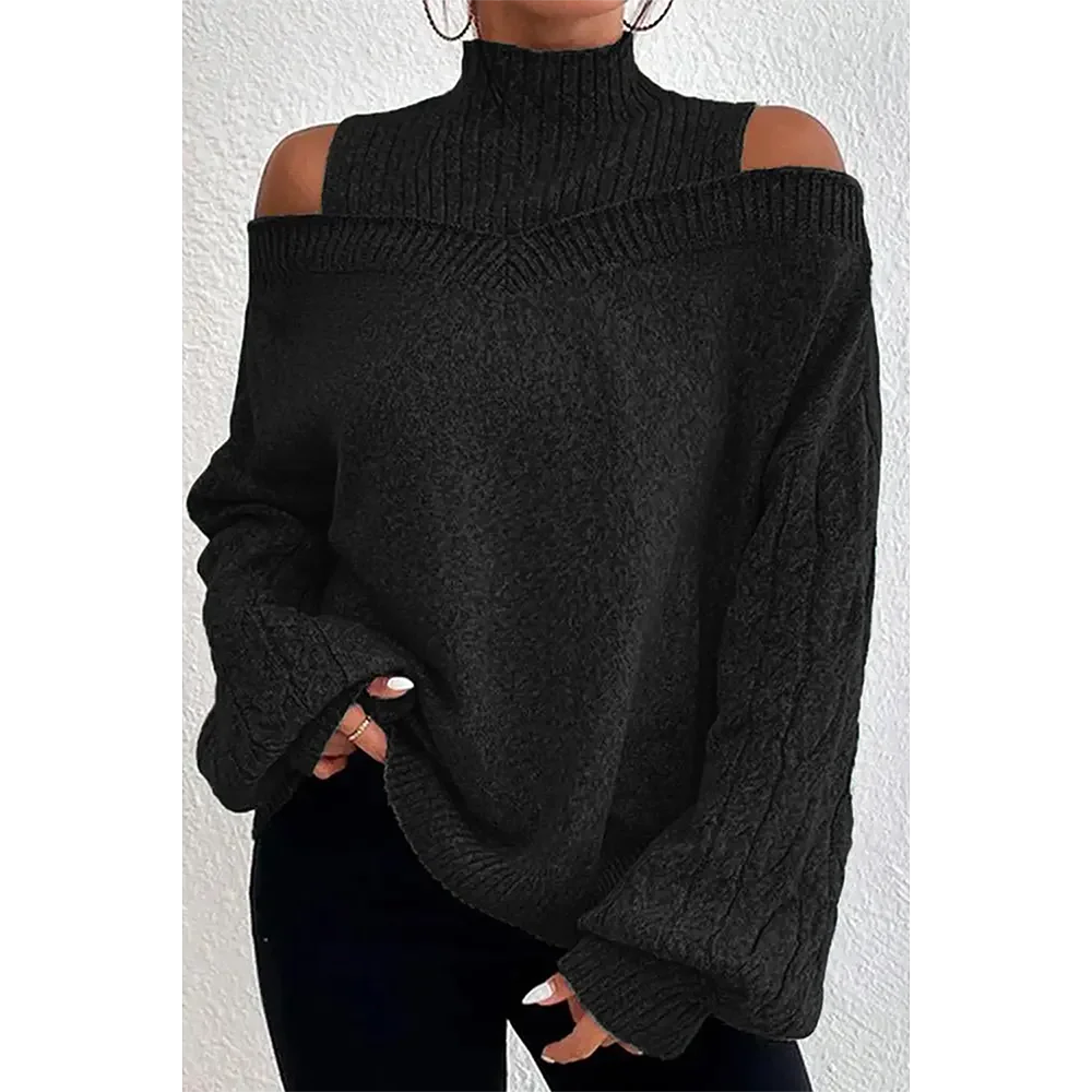 Suéter informal de talla grande, Jersey de punto de Cable negro, manga farol, hombros descubiertos