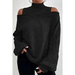 Plus Size Casual Sweater Black Cable Knit Lantern Sleeve Cold Shoulder Sweater